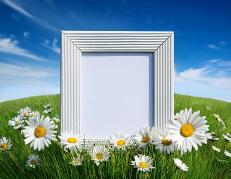 white picture frame on green grass with daisies blue sky background
