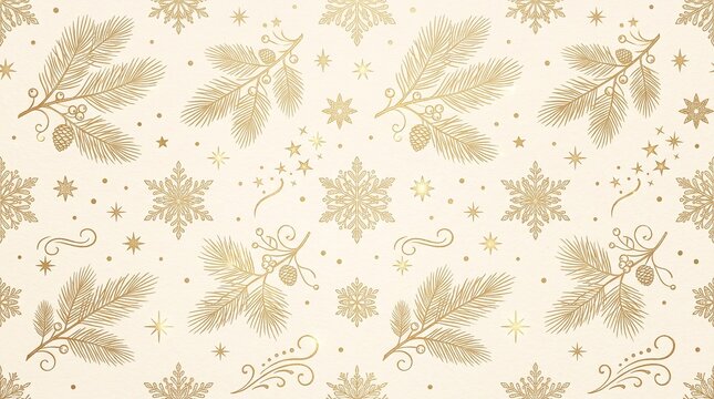 Elegant seamless winter holiday pattern with displays seamless festive pattern gold foil illustrations featuring pine branches cones shimmering stars textured cream background