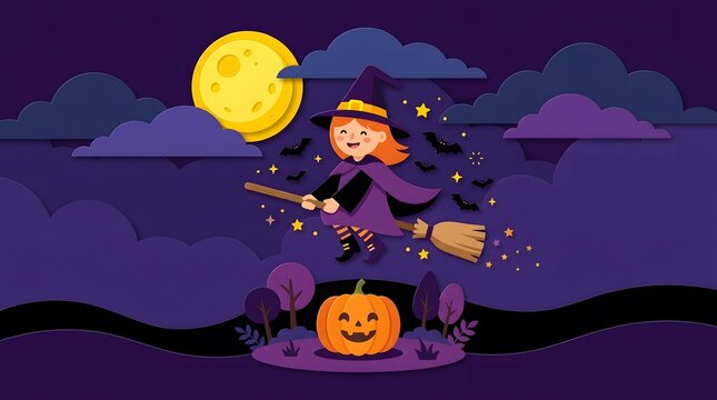 Festive halloween witch flies on a broom with pumpkin and full moon background