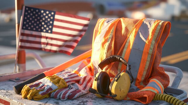 Workplace safety equipment with american flag, vest, gloves, and ear protection, usa labor day themed photo realistic photo
