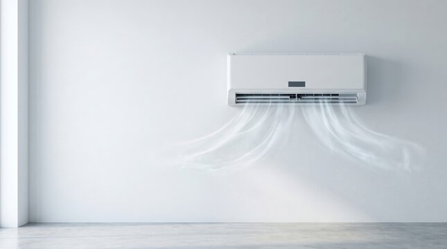 White wall-mounted air conditioner blowing cold air stream