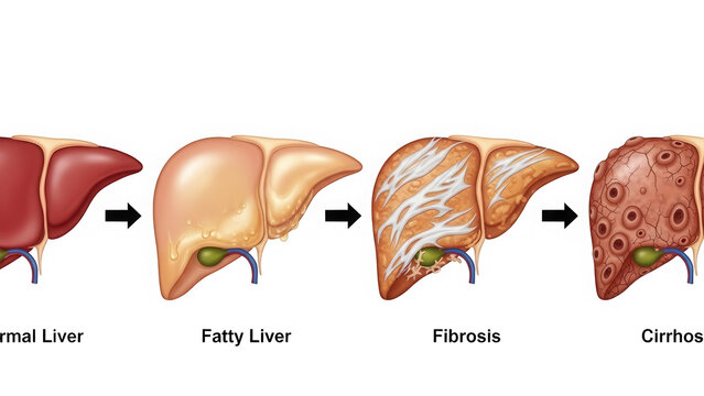 Medical illustration showing liver disease progression stages isolated on transparent background