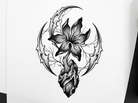 Obsidian Bloom &mdash; Original Monochrome Botanical Tattoo Design