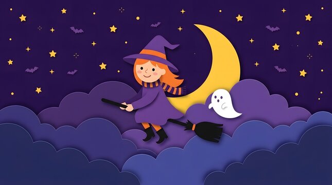 A cheerful witch flies on a broomstick past the moon with a friendly ghost