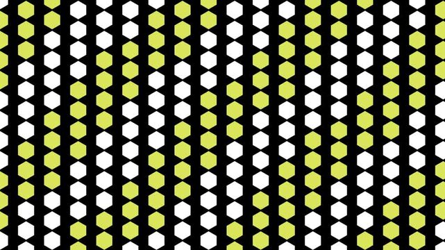 Abstract geometric pattern with repeating hexagonal shapes in bright yellow and white colors on a dark background