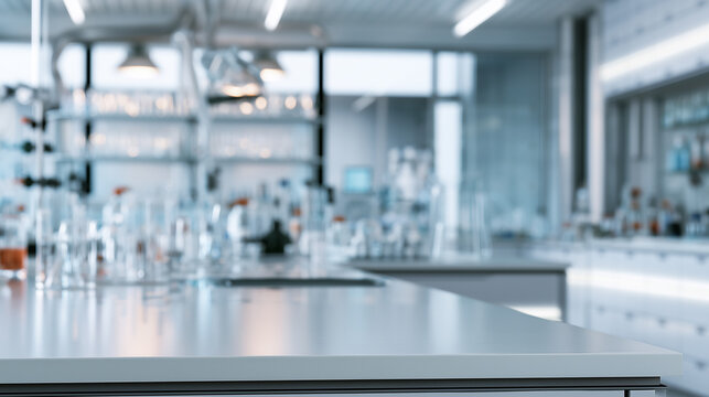 Modern laboratory interior with clean workbenches, glassware and scientific research equipment