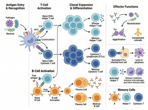 T-cell and b-cell immune response activation mechanism diagram with t cell b cell mediated activation immunology lymphocyte differentiation antibody response molecular receptors