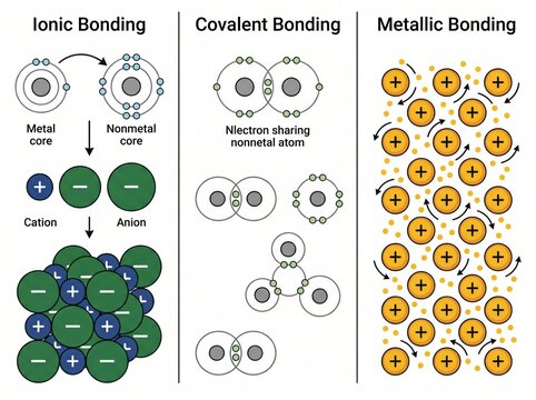 Chemical bonding types ionic covalent and metallic structures diagram with chemistry chemical covalent metallic electrons molecules structure education electron transfer nonmetal compound