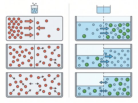 Diffusion and osmosis membrane transport science diagram with diffusion membrane transport particles molecules concentration gradient semipermeable mechanism equilibrium solution biophysics