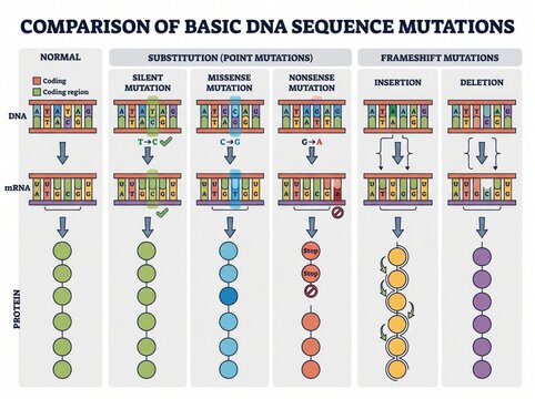 Comparison of basic DNA sequence mutations schematic diagram with mutation genetics sequence nucleotides chromosomes molecular education research scientific information analysis structure