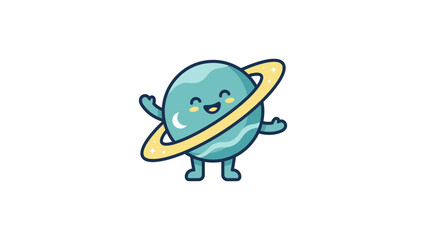 Obraz premium Smiling Saturn planet mascot waving with planetary rings.
