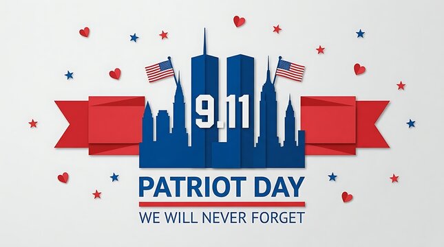Patriot day skyline with 9.11 date and american flags between red ribbons commemorating usa remembrance for memorial events and national holidays.