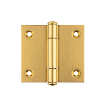 A brass hinge with four screw holes on a white background.