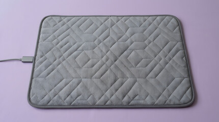 Rectangular grey heating pad featuring soft quilted fabric texture with electrical power cord resting on a solid light purple background © Maham
