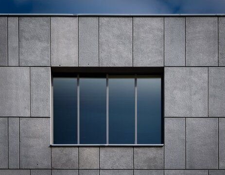 grey fasade of building made from rectangular concrete blocs with window created with
