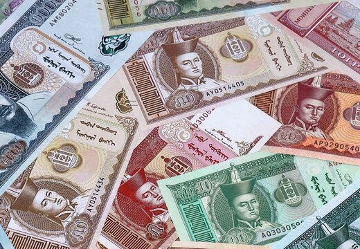 Mongolian tugrik money bills in pile. Big amount of Mongolia MNT currency cash close up