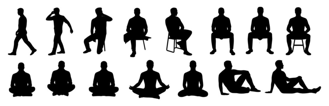 A collection of black stick figure silhouettes showing various poses of a person sitting, standing, walking, and meditating on a plain white background
