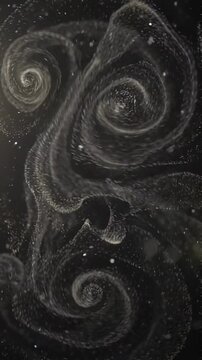 Abstract background featuring swirling white smoke patterns on a solid black backdrop.