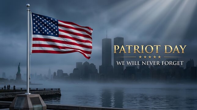 Patriot Day with American flag flying tall and twin towers in background commemorating 9/11 with we will never forget text on foggy day.