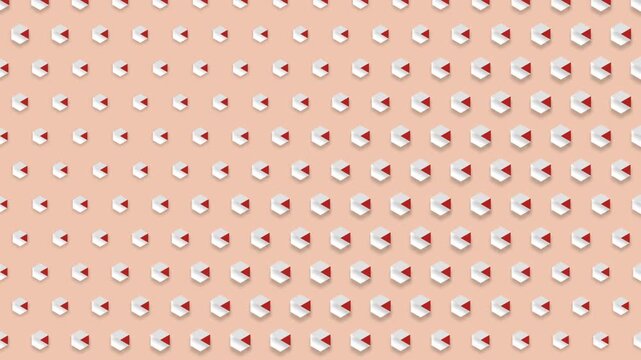 Abstract seamless pattern with repeating white hexagonal shapes and small red triangles on a soft pastel peach background