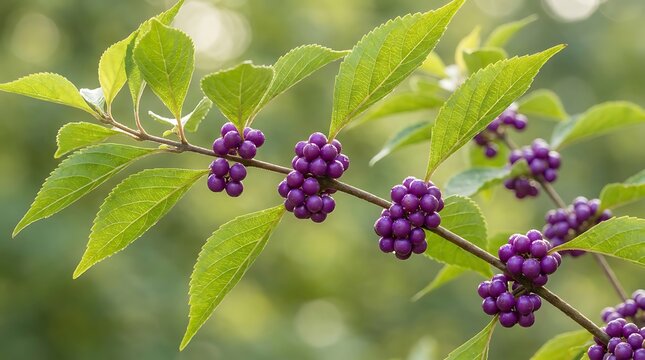 Purple beautyberries on a branch with green leaves. american beautyberry