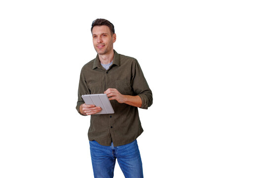 Man smiling while interacting with a tablet, connecting and working with portable digital technology, transparent background