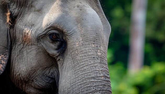 Close-up of an elephant face with wrinkled skin texture and detailed trunk, blurred green jungle background.