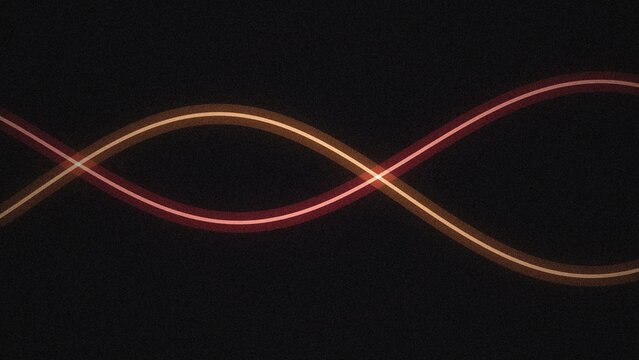 Two intersecting glowing light trails in red and amber forming sine wave curves against a dark black textured background surface