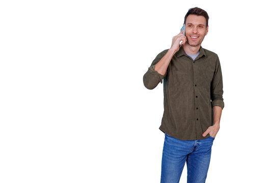 Man talking on mobile phone with a happy expression, communicating on a call, standing casually, transparent background