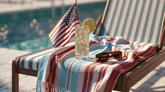American flag draped on lounge chair by pool with drink and sunglasses, usa labor day themed photo realistic photo