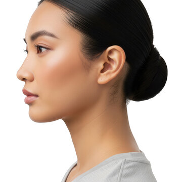 A woman with dark hair pulled back into a neat bun, facing left, with a subtle expression.
