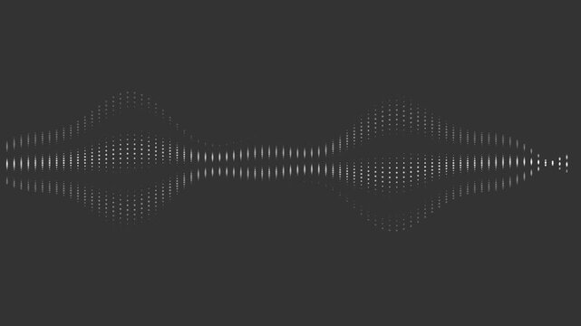 Abstract sound wave visualization with digital glowing white dots on a dark grey background representing music audio frequency rhythm and data signal flow technology