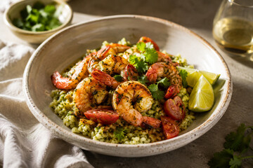 Fototapeta premium Grilled Shrimp with Herb Rice, Tomatoes and Lime in Rustic Ceramic Bowl D
