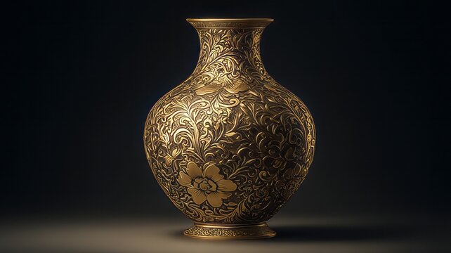 Antique brass vase with ornate floral engravings. Vintage golden metal urn on dark background. Decorative bronze vessel for luxury interior design.