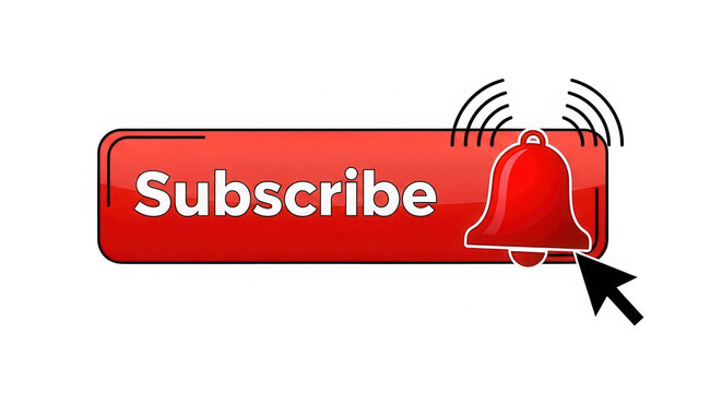 Red subscribe button with notification bell icon and mouse cursor isolated on transparent background