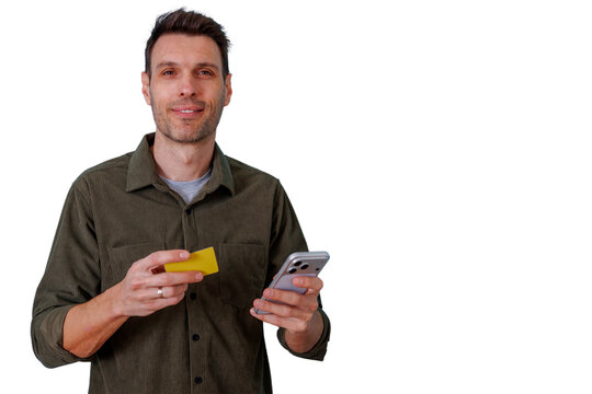 Man holding credit card and smartphone for online shopping and secure mobile payment with transparent background