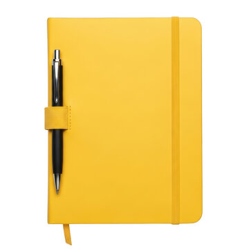 A yellow notebook with a pen attached to its cover, set against a plain white background.
