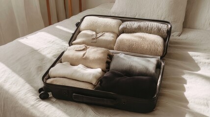 Fototapeta premium Minimalist open suitcase with neatly folded clothes on bed, organized travel luggage in neutral tones, aesthetic packing for vacation