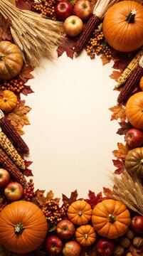 Autumn harvest frame composed of fresh pumpkins, ripe apples, and colorful leaves enclosing a transparent space.