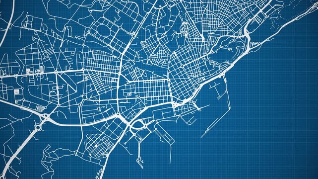 Ink reveal animation of Alicante (Alacant) city, Spain (Espa&ntilde;a), grid map. Aerial top view. Blueprint style. White lines with blue background. 4K Seamless loop.