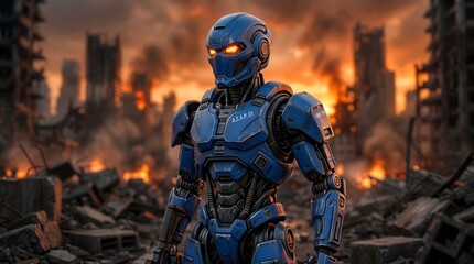 Naklejka premium Futuristic humanoid robot standing in a devastated cyberpunk city during a rainy night, surrounded by damaged buildings, smoke, fire, neon signs, and urban debris. Dramatic cinematic scene representin
