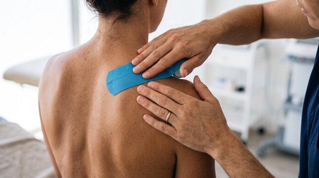 Physical therapist applying blue kinesiology tape to female patient shoulder