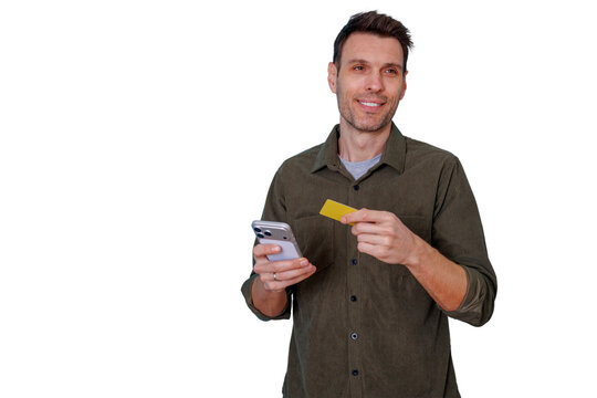 Happy man making secure online payments using a smartphone and credit card for digital commerce, transparent background