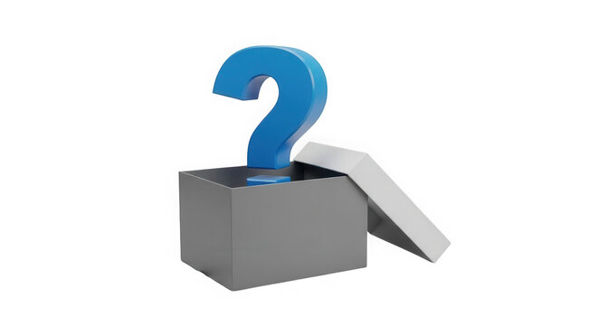 Blue question mark symbol coming out of an open grey cardboard box isolated on transparent background