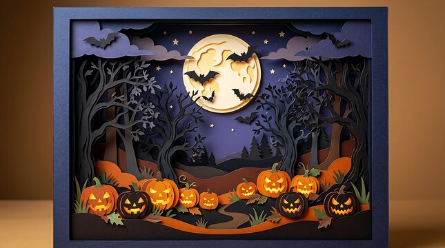 Layered paper cutout halloween scene with pumpkins and moon