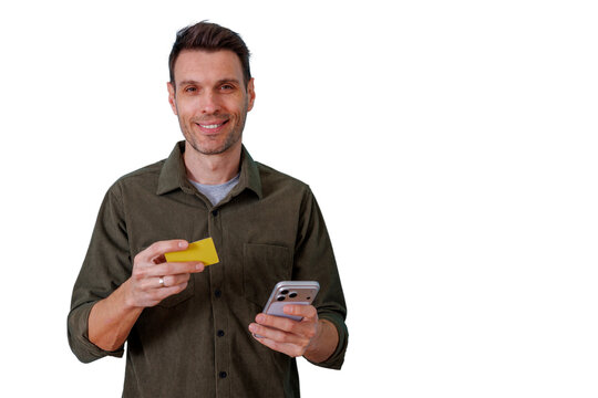 Man smiling, making secure online payment using smartphone and credit card for e-commerce shopping, transparent background