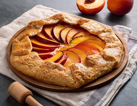 golden brown flaky crust galette filled with sliced ripe peaches
