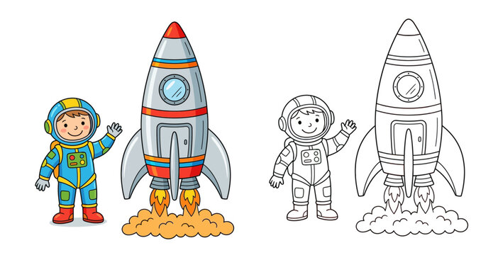 Cute cartoon astronaut and space rocket, isolated vector illustration featuring a colorful character and a matching black and white line art coloring page version for kids.
