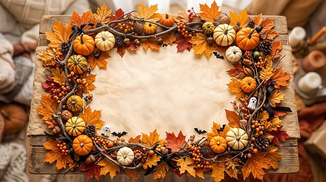 Autumn harvest frame with pumpkins and fall leaves on rustic wood
