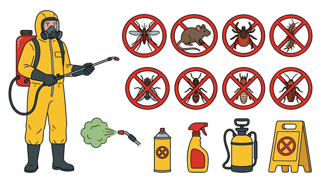 Professional pest control service vector set with exterminator worker in hazmat suit, insecticide sprayers, and forbidden warning signs for bugs